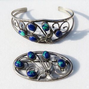 Signed Navajo Azurite Cuff Bracelet & Brooch Shirley Henry